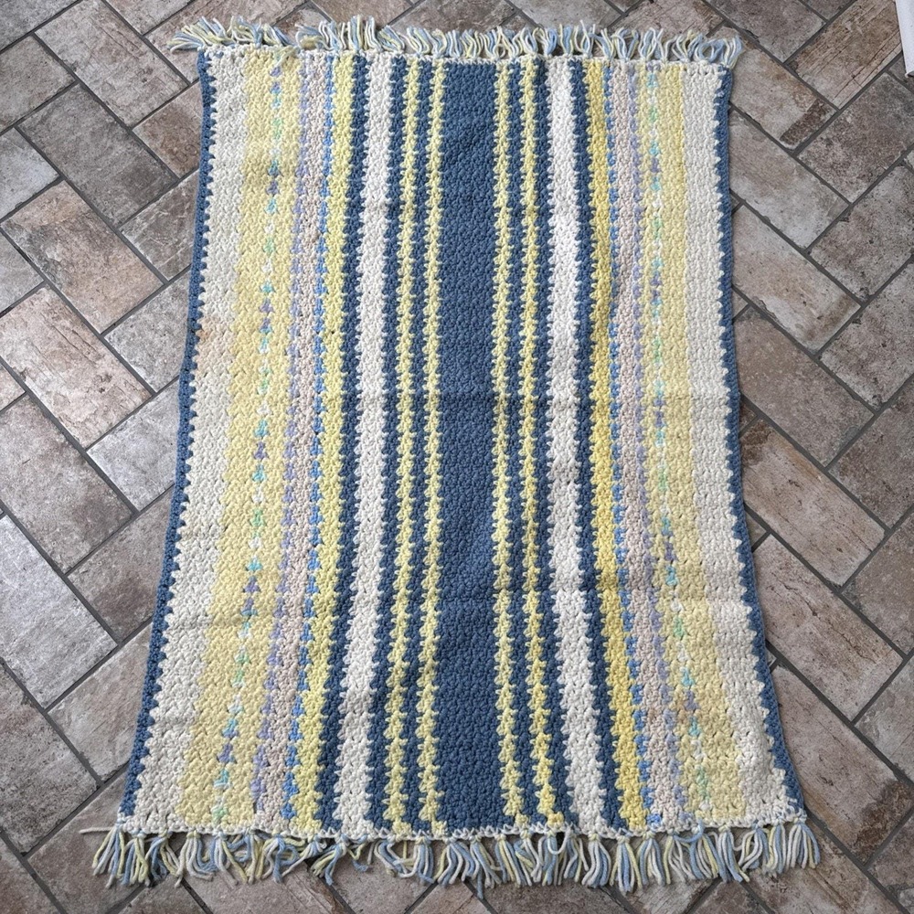 Crochet Baby Blanket Rectangle White Blue Yellow Handmade Afghan Thick 40"x28"